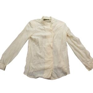 Vintage St Emilion Shirt Womens 5/6 Ivory Silk‎ Long Sleeve Mandarin Collar 80s